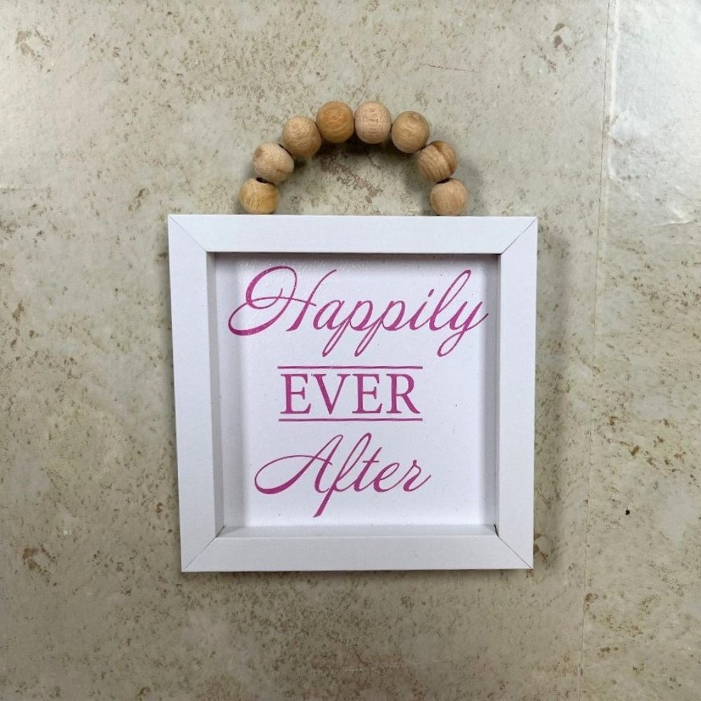 NEW Farmhouse Happily Ever After sign 5.75" square white pink wood beads hanging